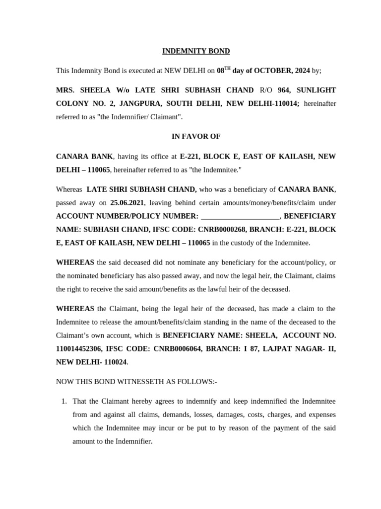 Canara Bank Indemnity Bond Agreement | PDF | Indemnity | Business Law