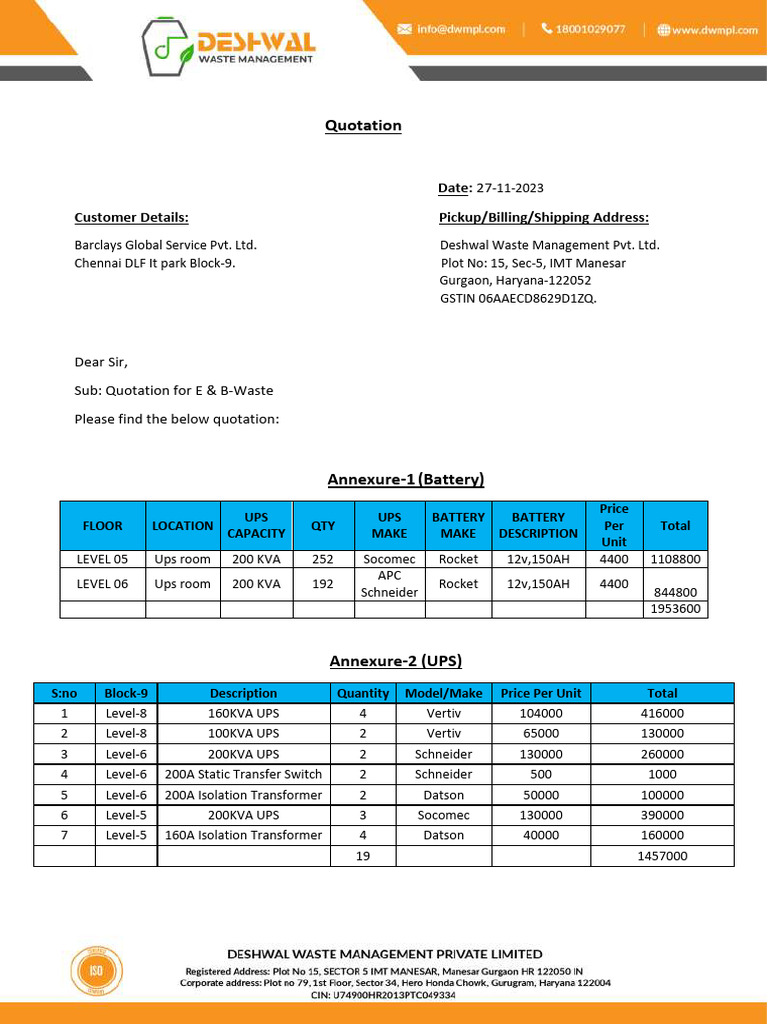 Barclays UPS - Battery Chennai Quotation 27-11-23 | PDF