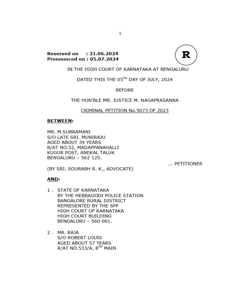 M. Subramani v. State of Karnataka and Others, Criminal Petition No ...