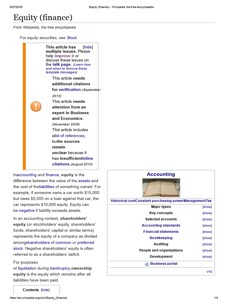 Equity (Finance) - Wikipedia, The Free Encyclopedia | PDF | Equity ...