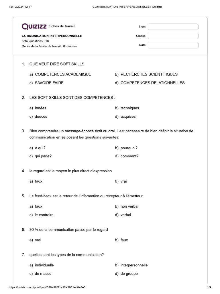 Quiz sur la Communication Interpersonnelle | PDF | la communication ...