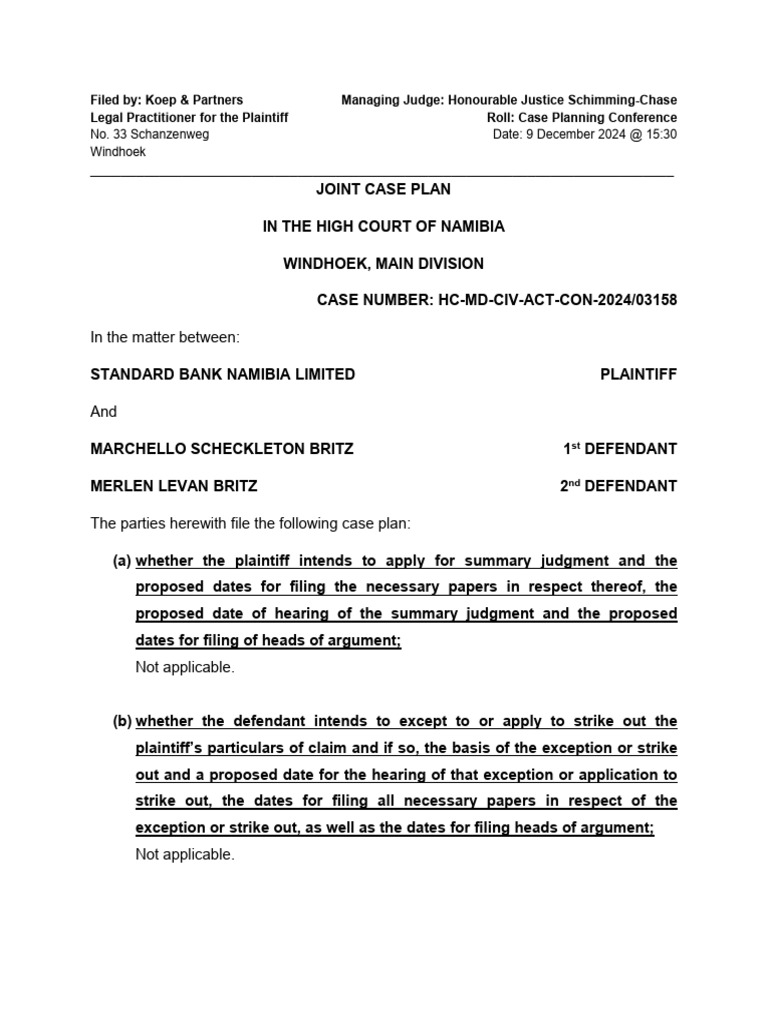 Joint Case Plan - Standard Bank Namibia Limited Versus Marchello and ...