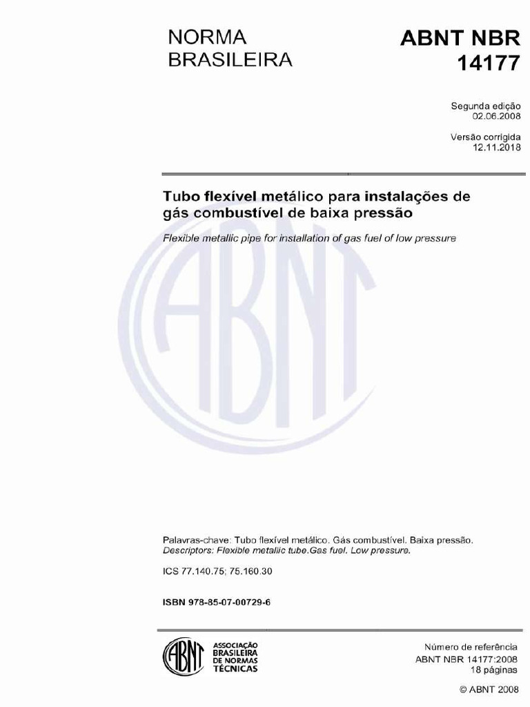 NBR 14177 2018 Tubo Flexivel Metalico para Instalacoes de Gas ...