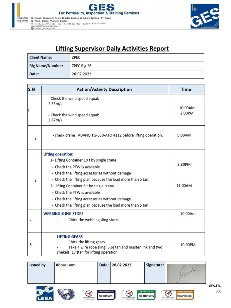 GES FN 300 Lifting Supervisor Daily Activities Report 26-02-2022 | PDF