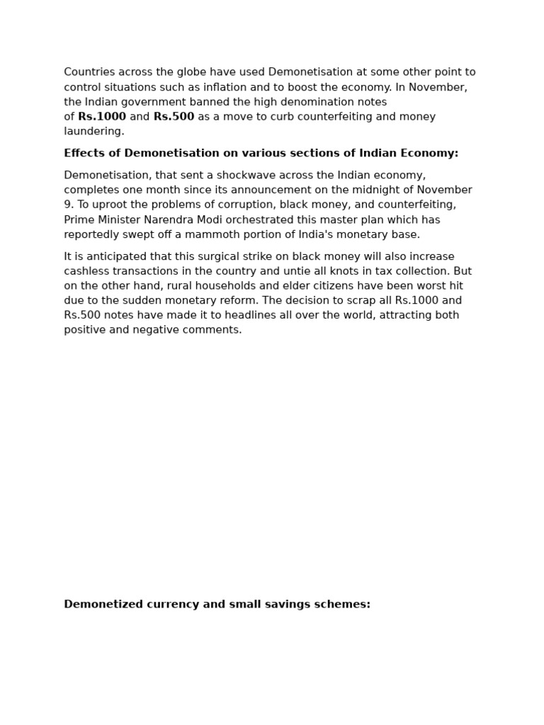 Rs.1000 Rs.500 Effects of Demonetisation On Various Sections of Indian ...