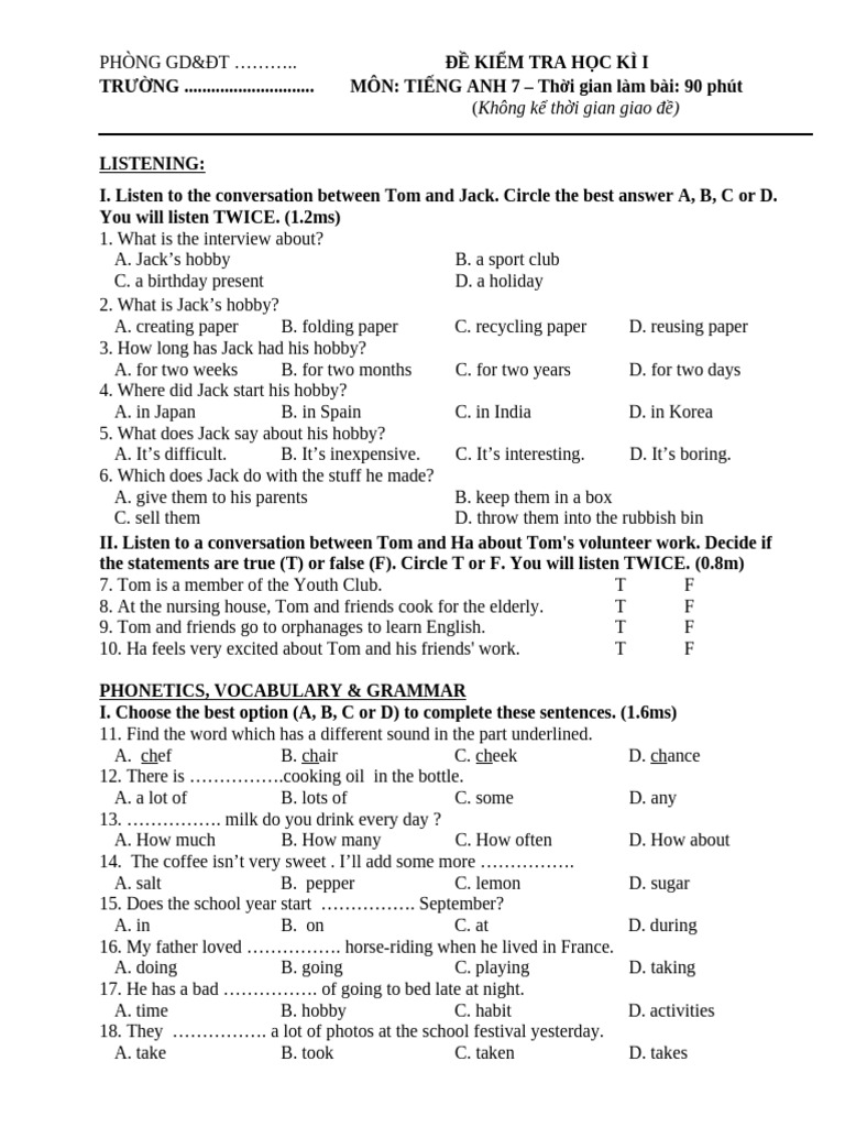 Grade 7 English Term 1 Test Paper | PDF