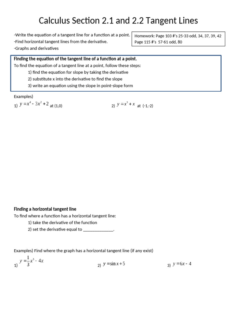 2.1 and 2.2 Writing Tangent Lines and Finding Horizontals | PDF