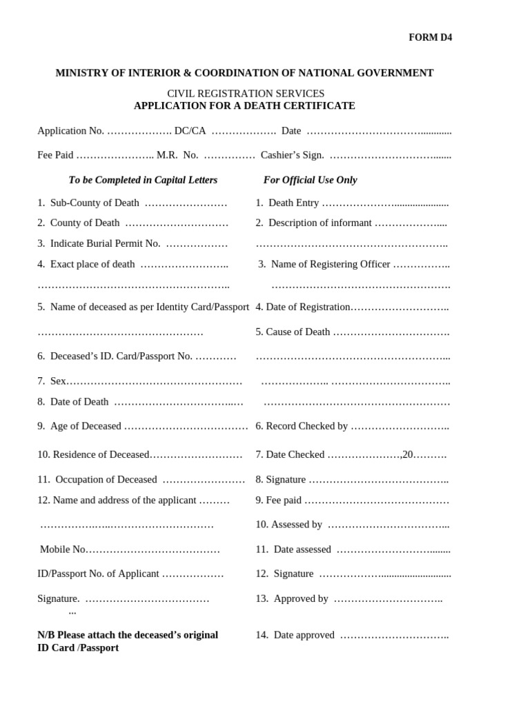 Death Certificate Application Form D4 | PDF