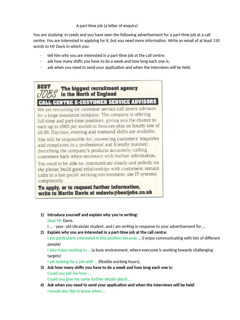 Part-Time Call Centre Job Inquiry Email | PDF