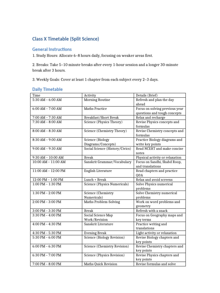 Class X Science Study Timetable Pdf Science Mathematics