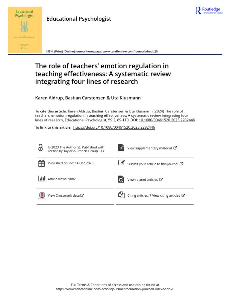 The Role of Teachers Emotion Regulation in Teaching Effectiveness A ...
