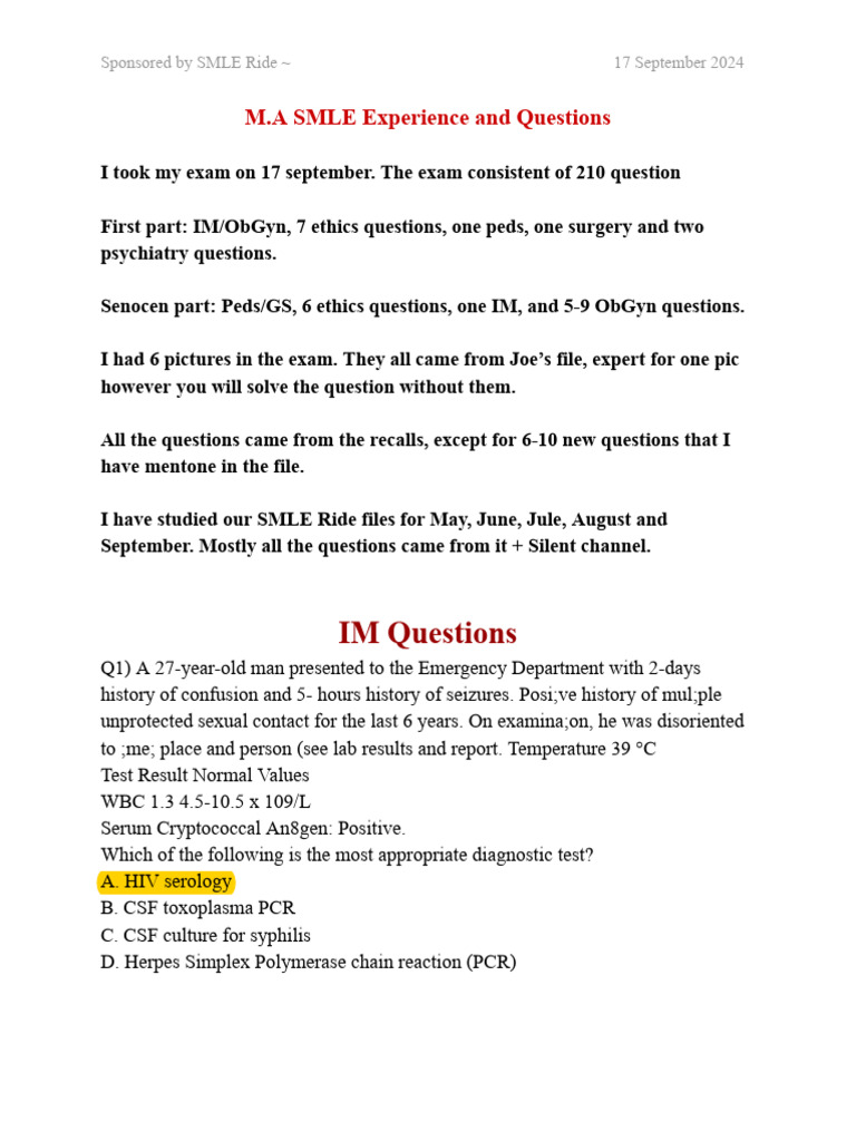 SMLE Exam Insights and Sample Questions | PDF | Breathing | Heart