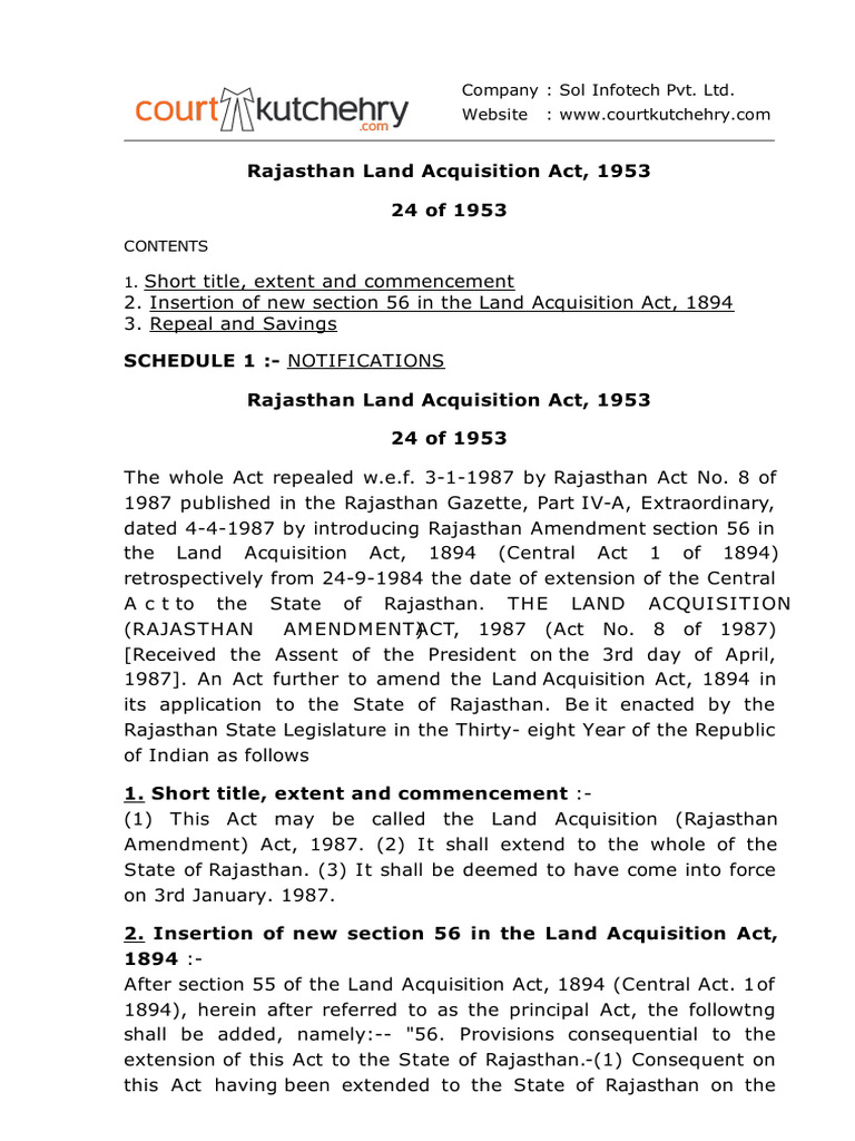 Rajasthan Land Acquisition Act 1953 | PDF | Eminent Domain | Common Law