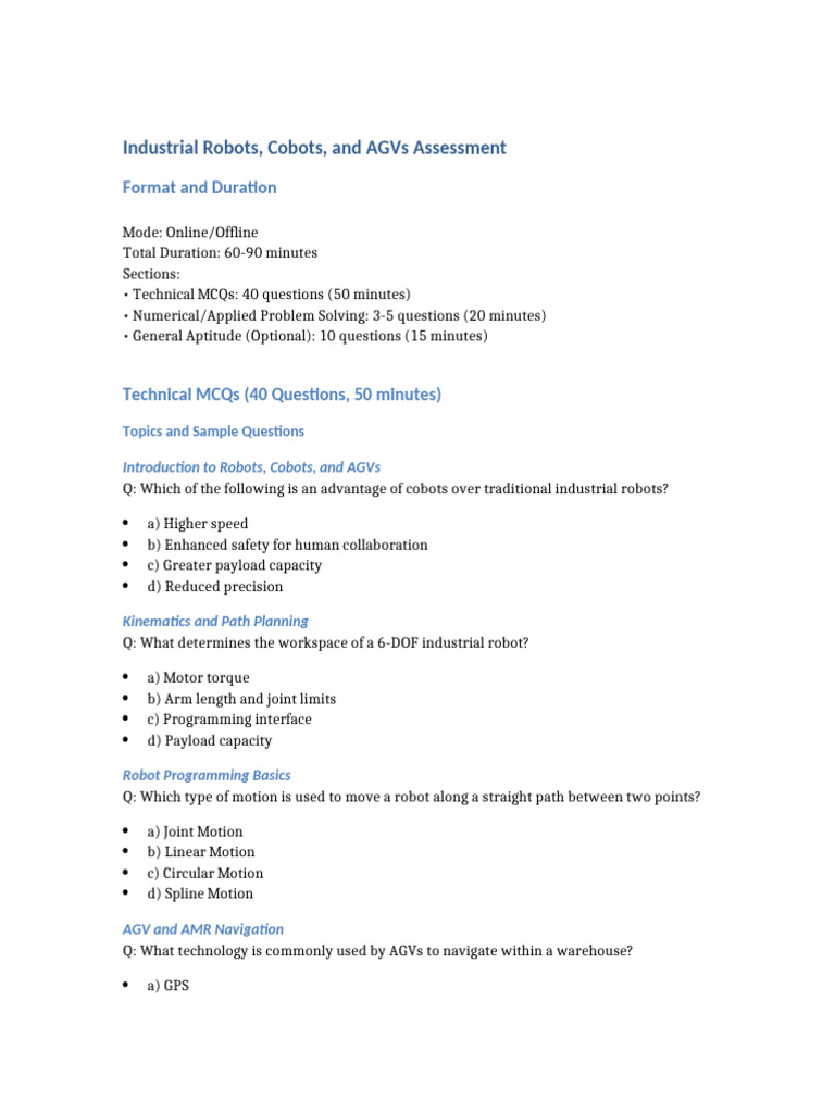 Industrial Robots Cobots AGVs Assessment | PDF