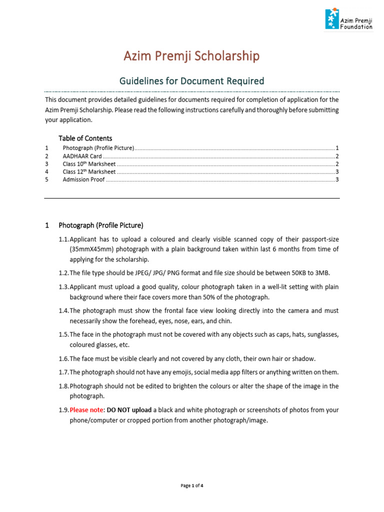 Azim Premji Scholarship Document Guideline English | PDF | Photograph