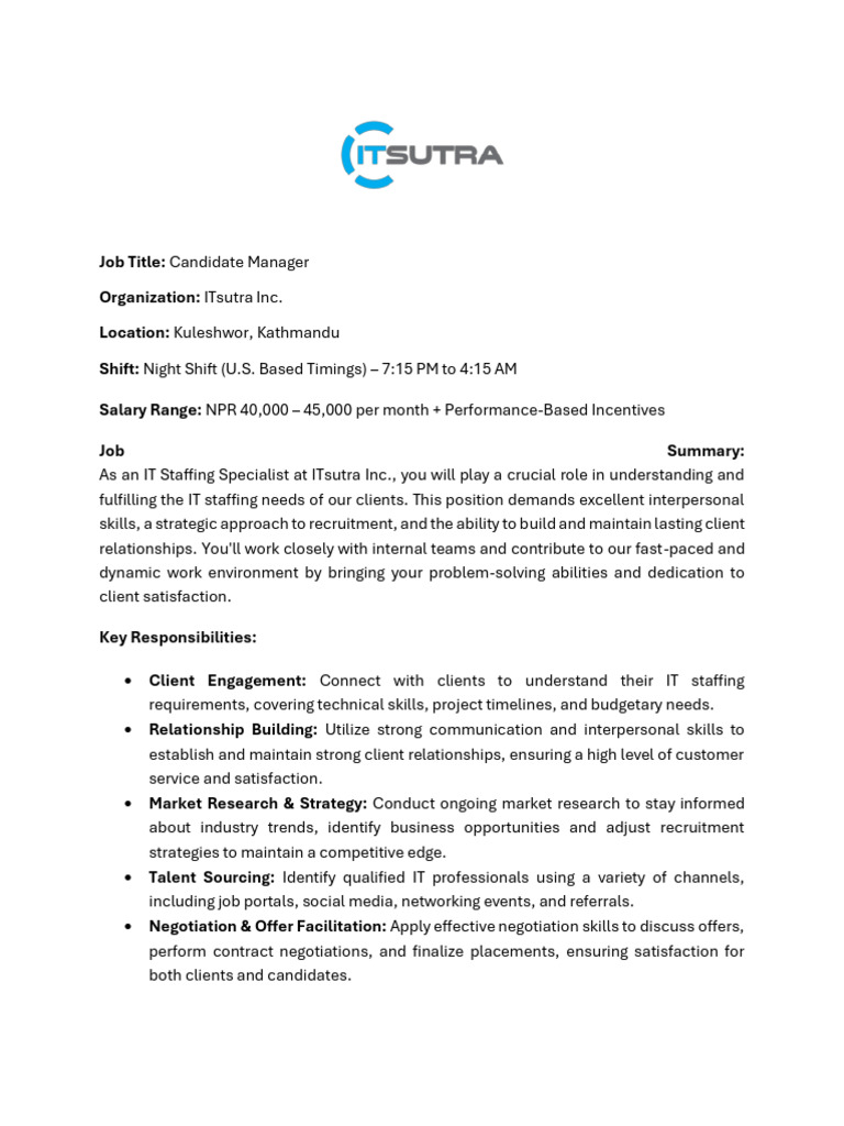 Candidate Manager Job Overview at ITsutra | PDF | Recruitment | Negotiation