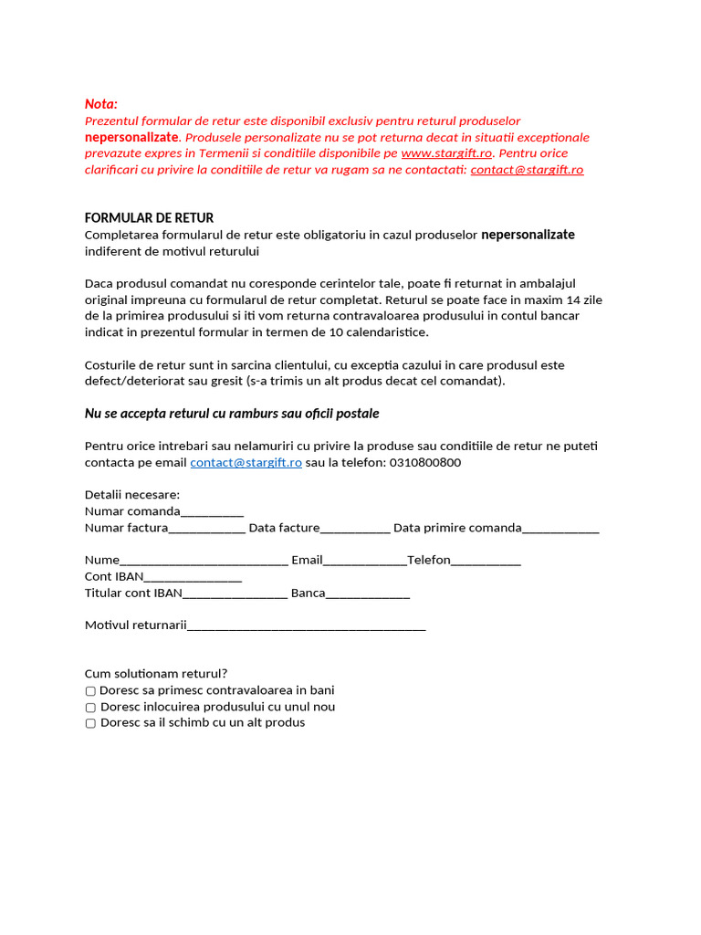 Formular Retur Stargift | PDF