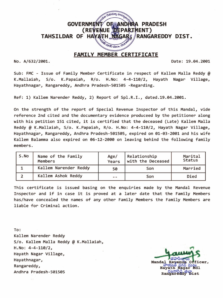 Kallem Malla Reddy Family | PDF