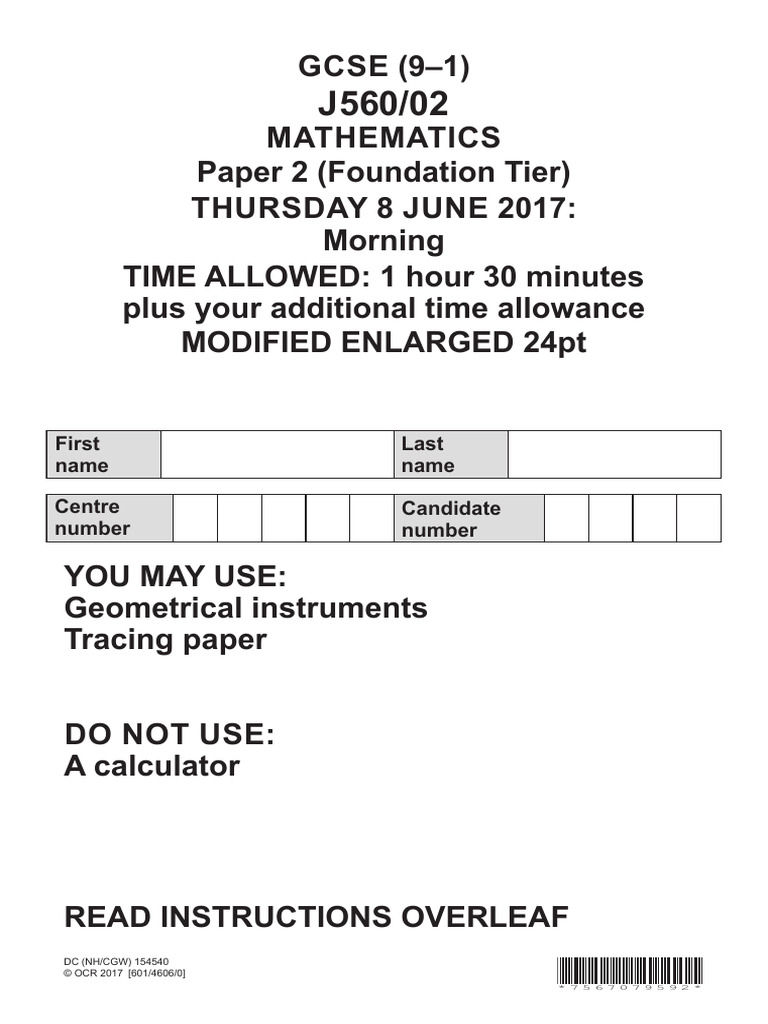 GCSE Mathematics Paper 2 Instructions | PDF | Mathematics