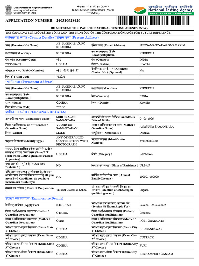 JEE Main 2024 Application Confirmation | PDF
