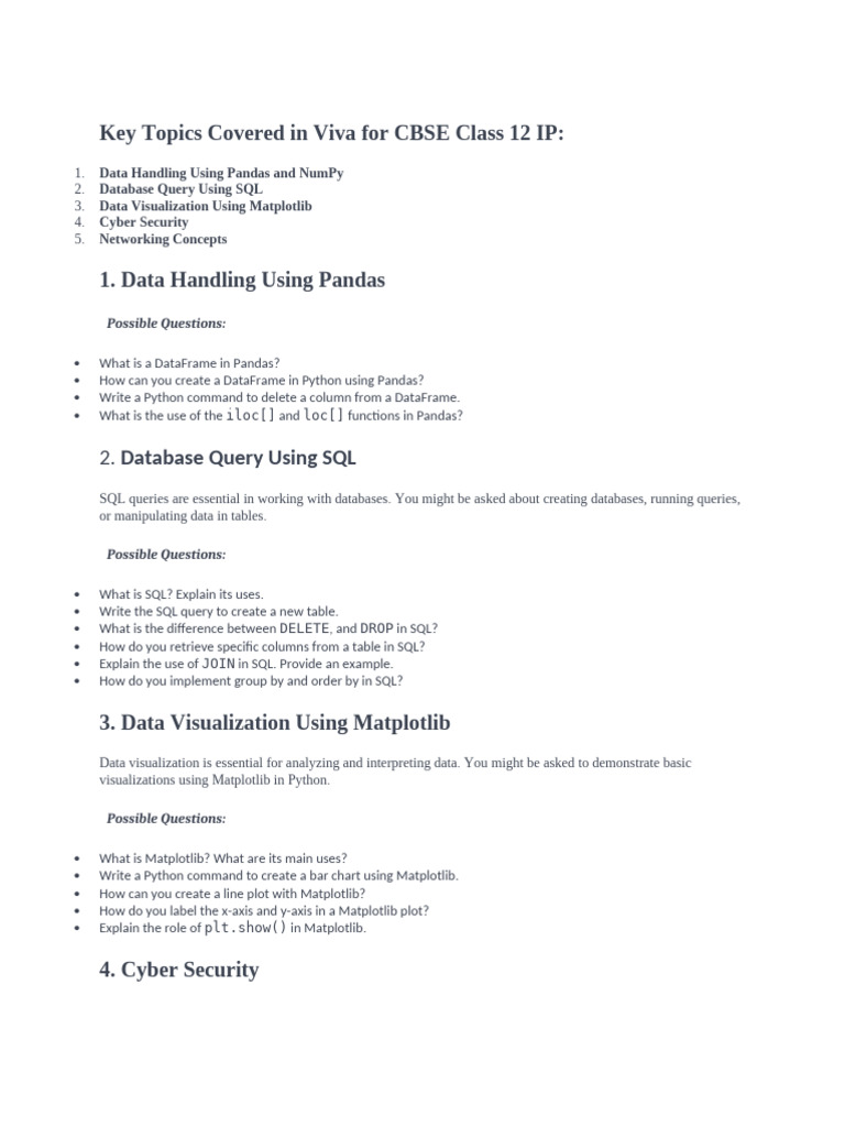 Class 12 IP Viva Key Topics and Questions | PDF | Sql | Databases