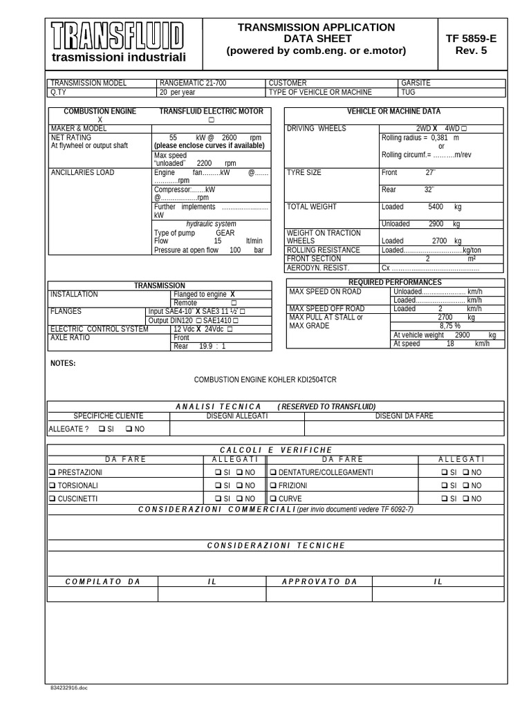 Industrial Transmission Data Sheet | PDF | Engines | Axle