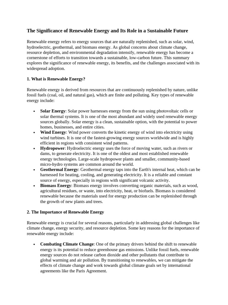 The Significance of Renewable Energy and Its Role in A Sustainable ...