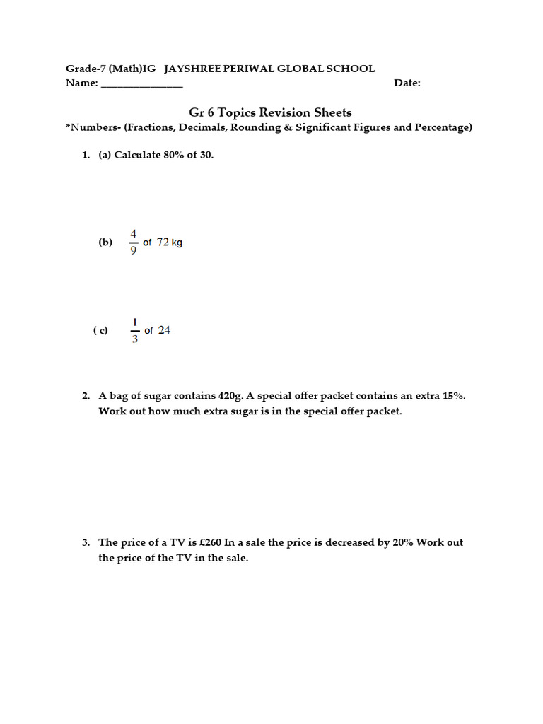 Grade 7 Math Revision: Percentages & Rounding | PDF
