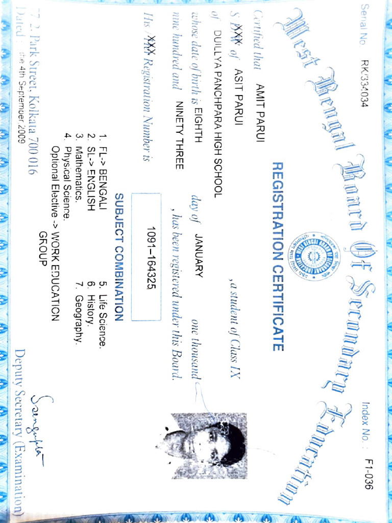 Class IX Registration Certificate | PDF | Science