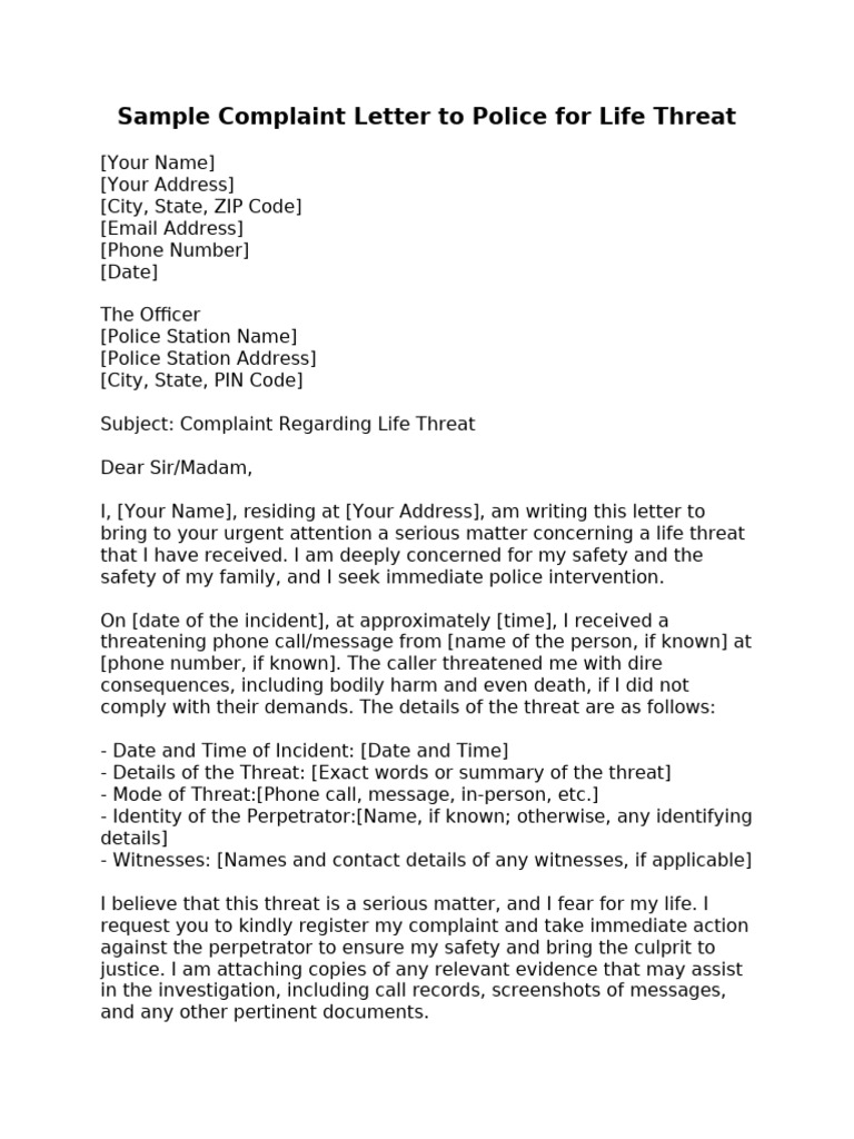 Life Threat Complaint Letter Sample | PDF
