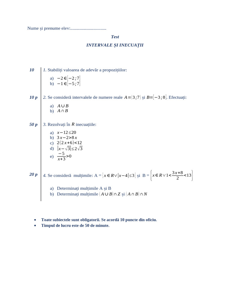 Test Intervale Si Inecuatii | PDF