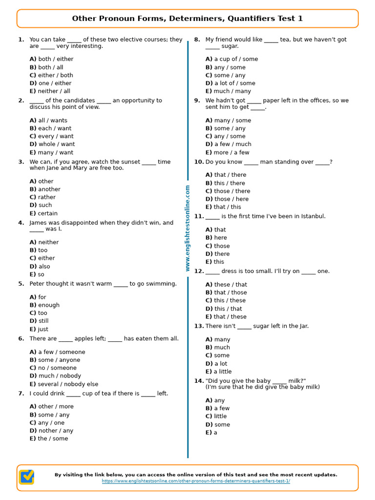1813 - Other Pronoun Forms Determiners Quantifiers Test 1 | PDF