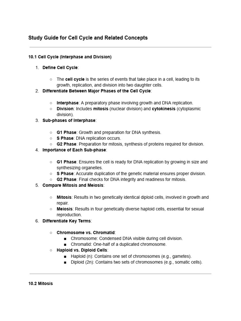 Cell Cycle Study Guide: Mitosis & Meiosis | PDF | Mitosis | Meiosis