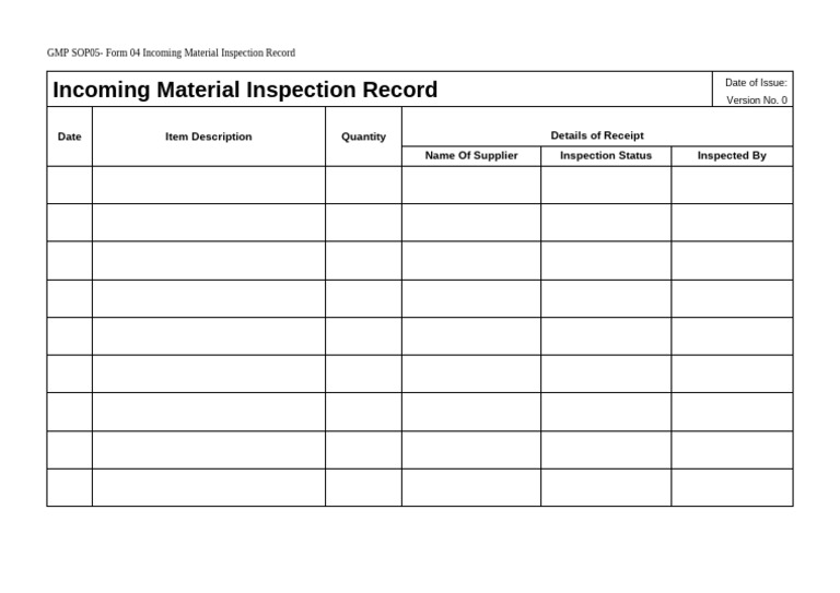 11 GMP SOP05 Form 04 Incoming Material Inspection Record | PDF