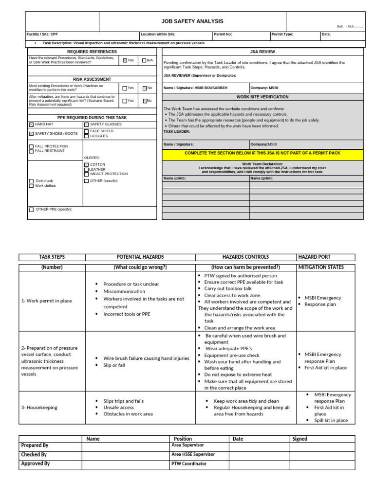 Job Safety Analysis for Pressure Vessel Inspection | PDF | Personal ...