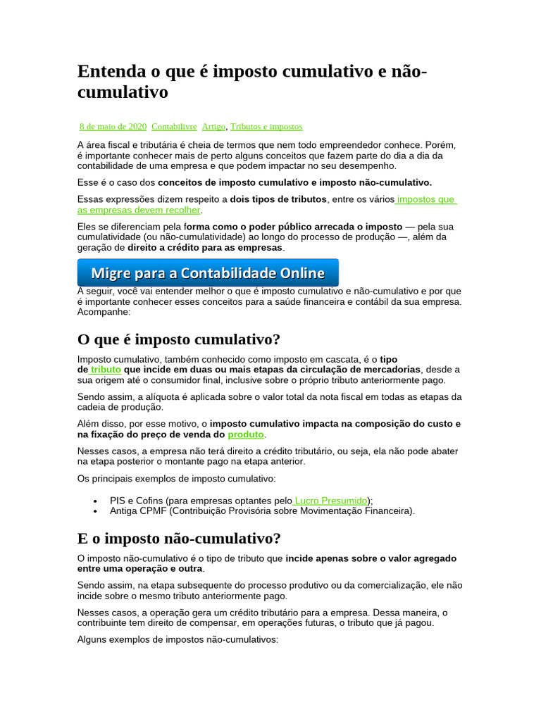 Imposto Cumulativo vs Não-Cumulativo | PDF | Impostos | Contabilidade