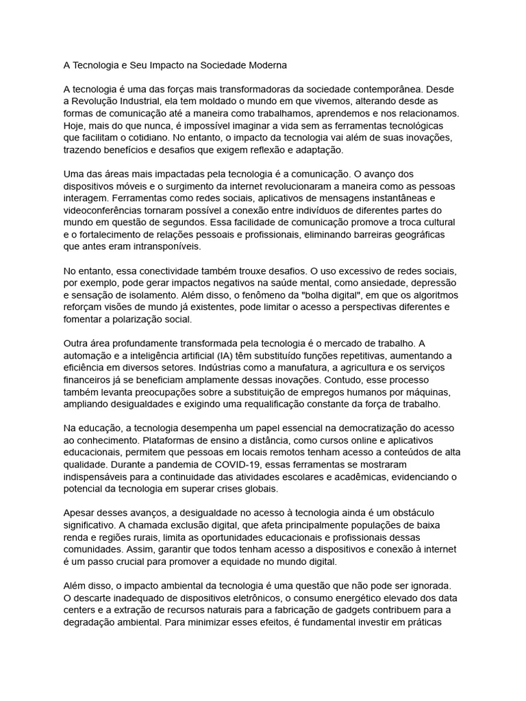 Impactos da Tecnologia na Sociedade Moderna | PDF | Comunicação | Rede ...