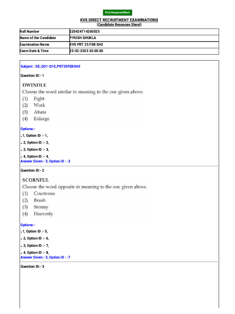 Kvs Response Sheet | PDF