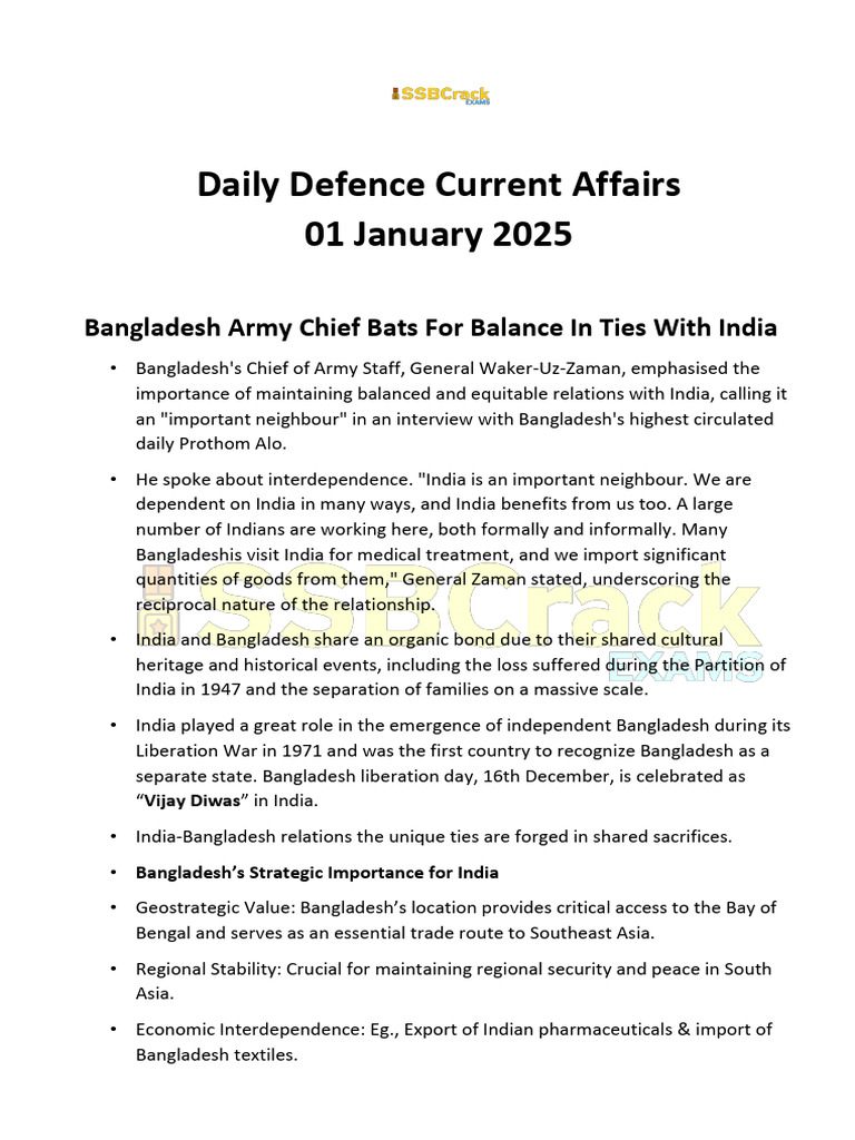 Daily Defence Current Affairs 01.1.2025 | PDF | Bangladesh | Military
