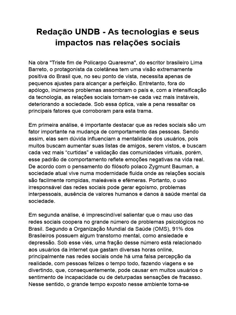 Impactos da Tecnologia nas Relações Sociais | PDF | Distúrbio mental ...