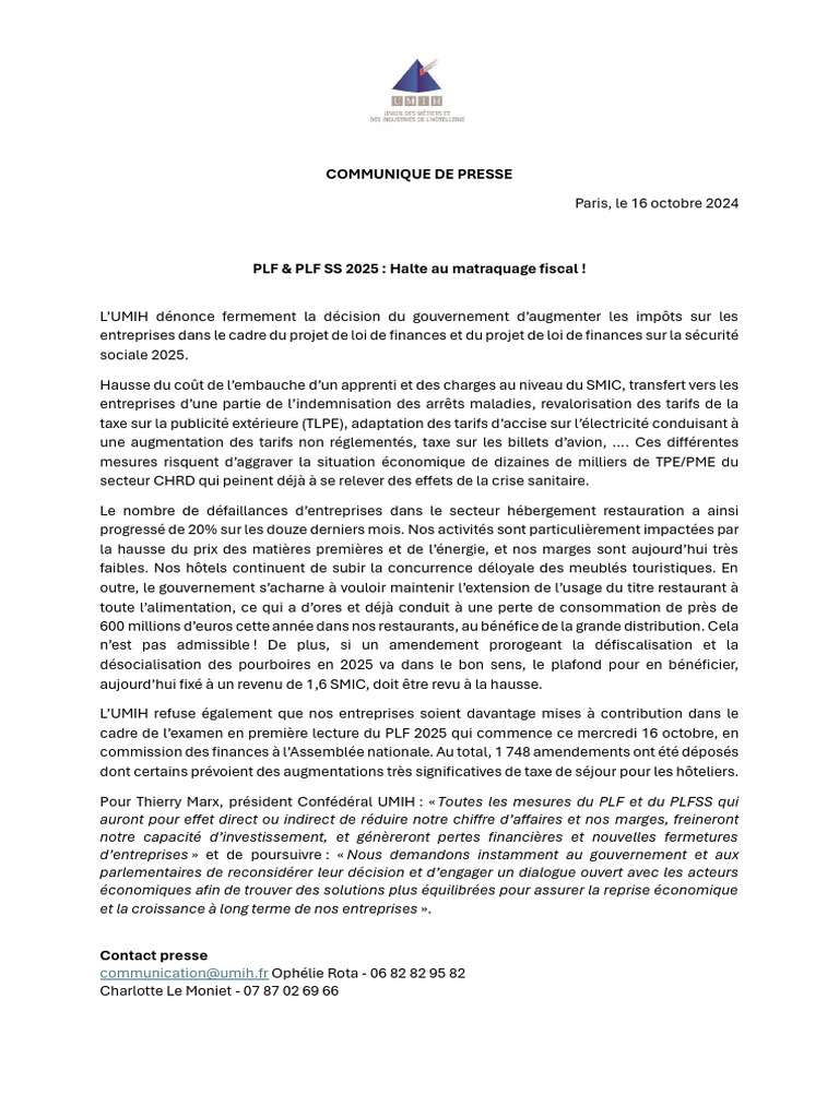 Opposition au PLF 2025 : Impact fiscal sur TPE/PME | PDF | Impôts ...