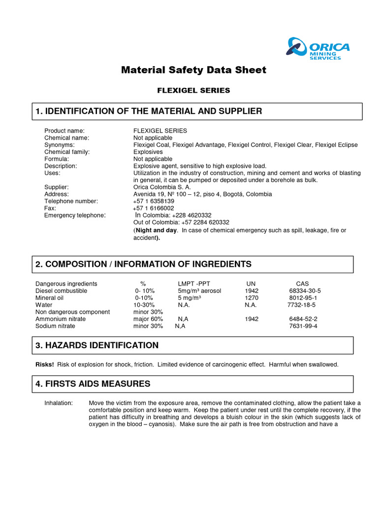 Flexigel Series MSDS: Safety & Handling | PDF | Combustion | Nitrate