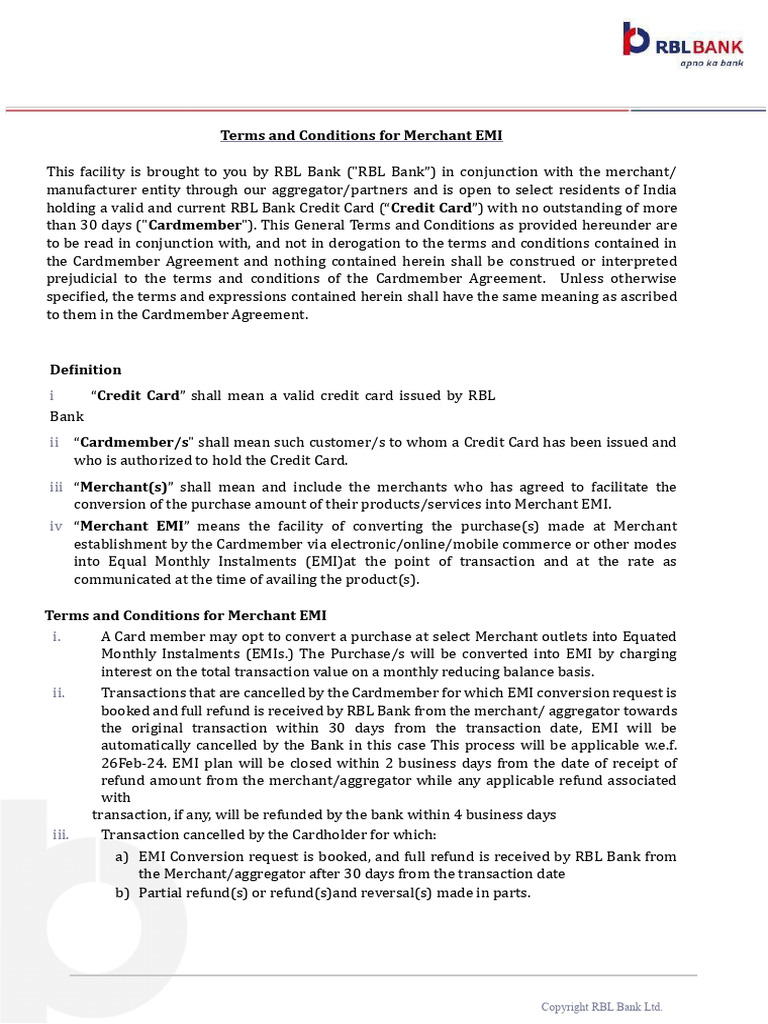 Merchant EMI Terms and Conditions | PDF | Credit Card | Banks