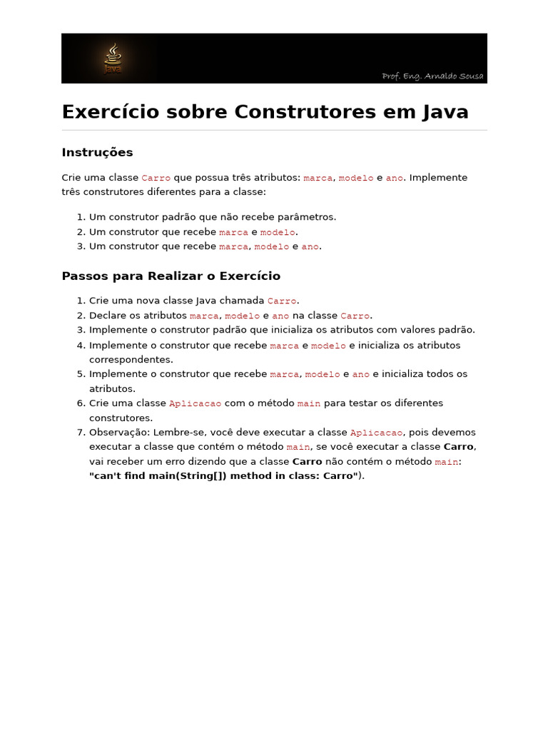 Construtores em Java: Exercícios Práticos | PDF | Classe (programação ...