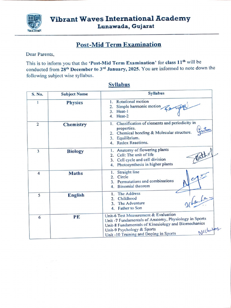 Class 11 Post-Mid Term Exam Syllabus | PDF