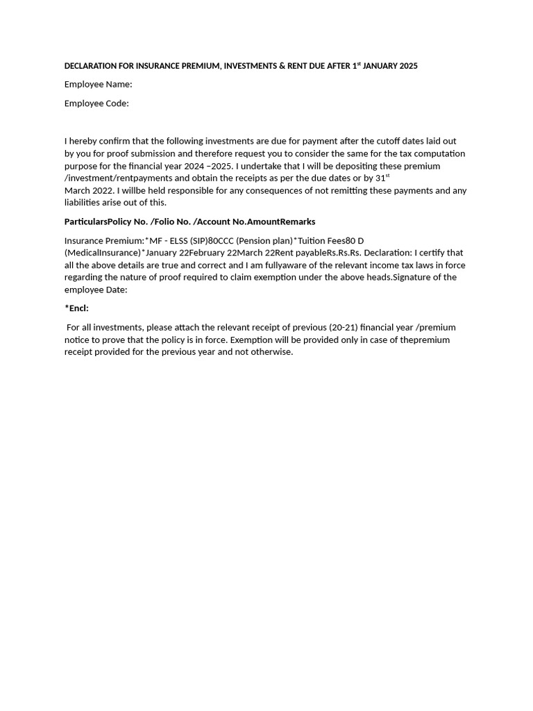 Insurance Premium Declaration Form | PDF