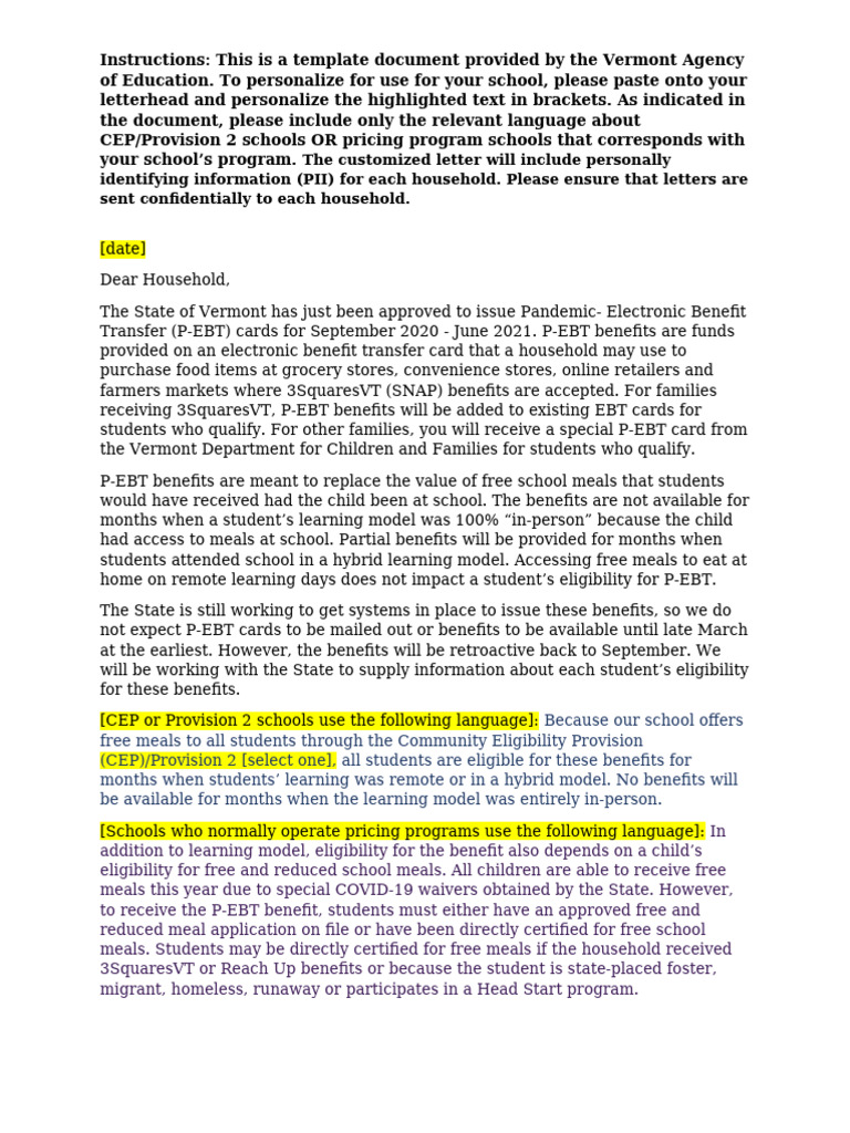 P-EBT Benefits for Vermont Households | PDF | United States Department ...