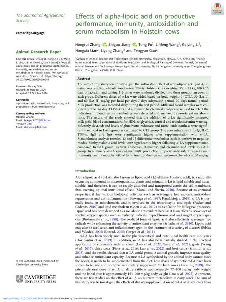 Effects of Alpha Lipoic Acid On Productive Performance Immunity ...