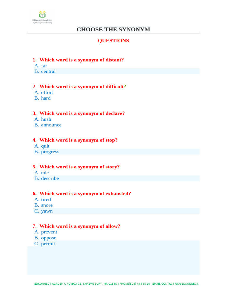 Synonym Quiz Questions | PDF