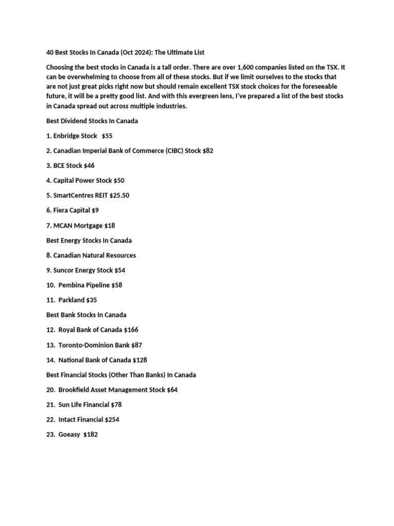Top 40 Canadian Stocks for 2024 | PDF | Dividend | Real Estate ...